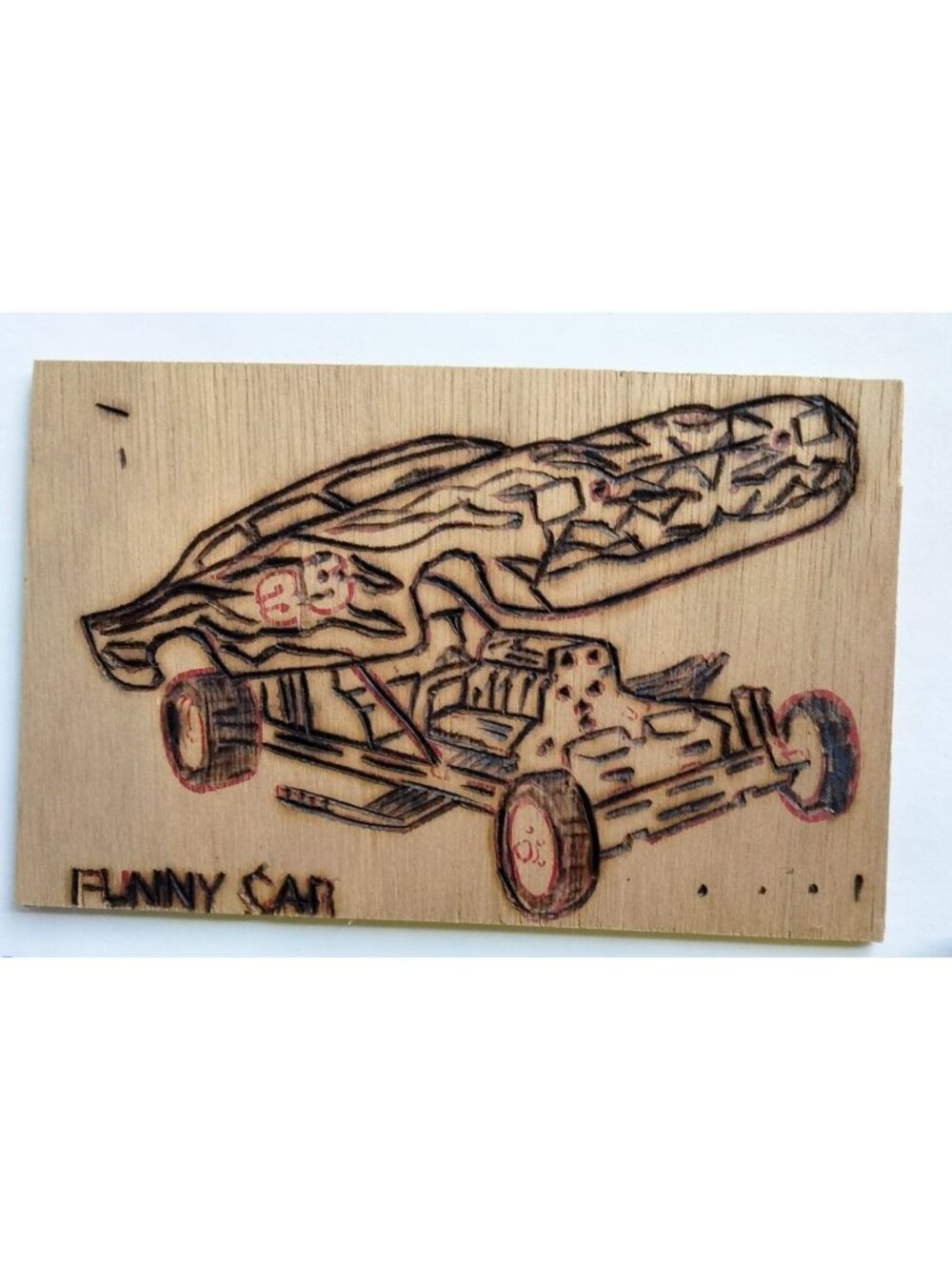 Woodburning Funny Car Dragster Sample Vintage American Toy CO Rustic